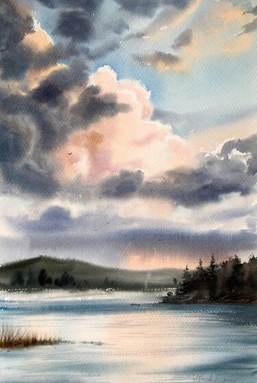 Pittura intitolato "Lake and clouds" da Eugenia Gorbacheva, Opera d'arte originale, Acquarello