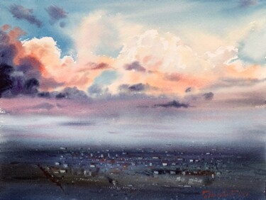 Painting titled "City Cloudscape at…" by Eugenia Gorbacheva, Original Artwork, Watercolor