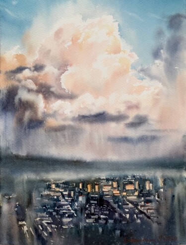 Картина под названием "City Cloudscape at…" - Eugenia Gorbacheva, Подлинное произведение искусства, Акварель