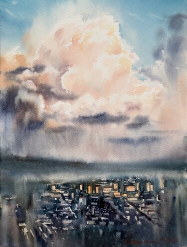 Painting titled "City Cloudscape at…" by Eugenia Gorbacheva, Original Artwork, Watercolor