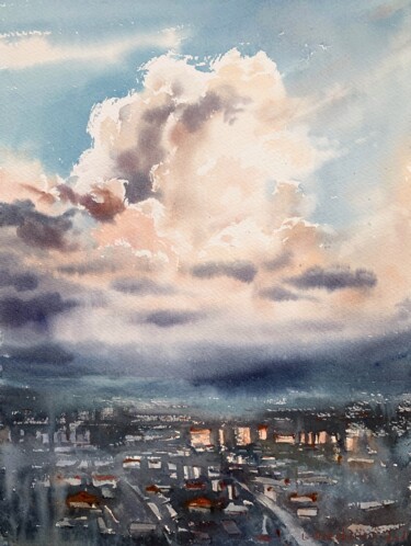 绘画 标题为“City Cloudscape at…” 由Eugenia Gorbacheva, 原创艺术品, 水彩