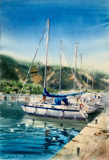 Painting titled "Yacht, Montenegro" by Eugenia Gorbacheva, Original Artwork, Watercolor