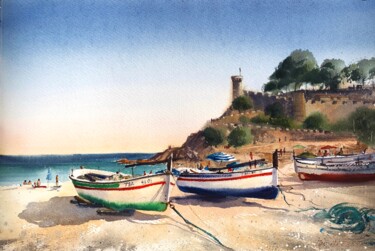 Pittura intitolato "Boats on the beach…" da Eugenia Gorbacheva, Opera d'arte originale, Acquarello