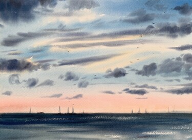Картина под названием "Sea before sunset" - Eugenia Gorbacheva, Подлинное произведение искусства, Акварель