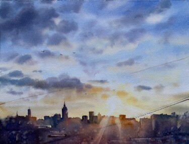 Painting titled "Sunset over Moscow" by Eugenia Gorbacheva, Original Artwork, Watercolor