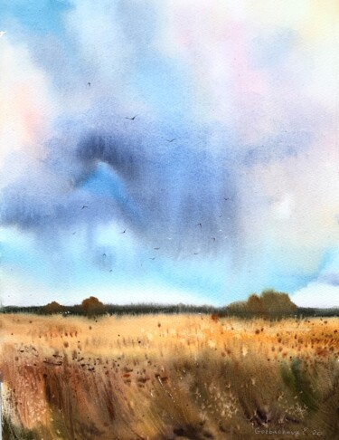 Картина под названием "Rye field and rain" - Eugenia Gorbacheva, Подлинное произведение искусства, Акварель