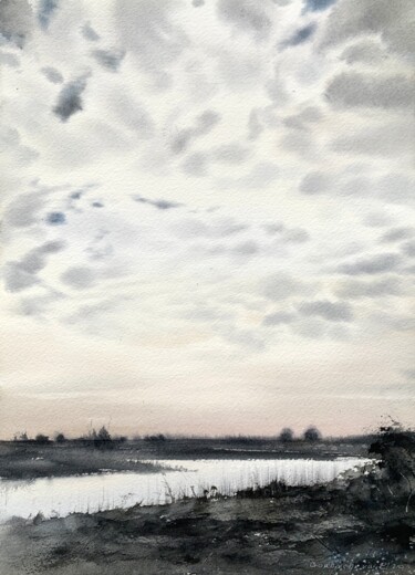 Painting titled "Clouds over the riv…" by Eugenia Gorbacheva, Original Artwork, Watercolor