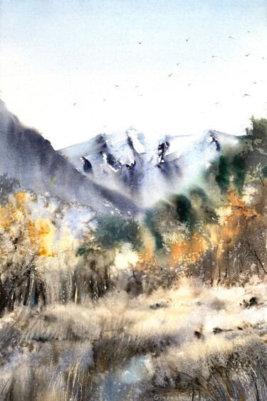 Картина под названием "Nordic mountainscap…" - Eugenia Gorbacheva, Подлинное произведение искусства, Акварель