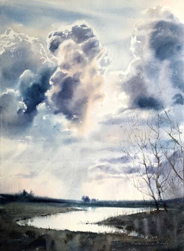 Painting titled "River and clouds" by Eugenia Gorbacheva, Original Artwork, Watercolor