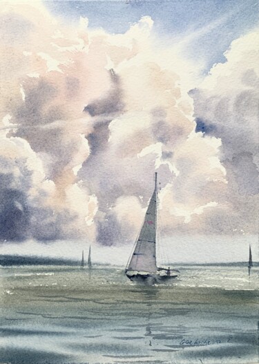 Malarstwo zatytułowany „Sailboat and clouds…” autorstwa Eugenia Gorbacheva, Oryginalna praca, Akwarela