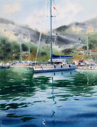Peinture intitulée "Moored yacht #3, Mo…" par Eugenia Gorbacheva, Œuvre d'art originale, Aquarelle
