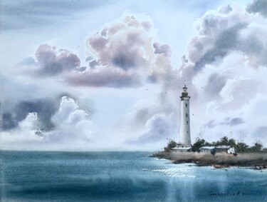 Malerei mit dem Titel "Lighthouse and Clou…" von Eugenia Gorbacheva, Original-Kunstwerk, Aquarell