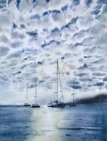 Painting titled "Yachts at anchor #2" by Eugenia Gorbacheva, Original Artwork, Watercolor