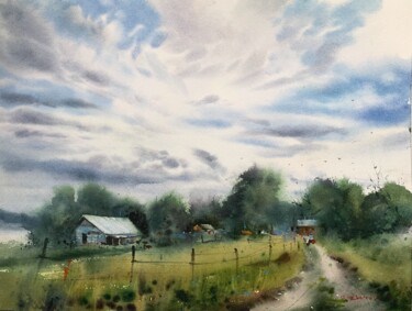 Malerei mit dem Titel "Clouds over the farm" von Eugenia Gorbacheva, Original-Kunstwerk, Aquarell