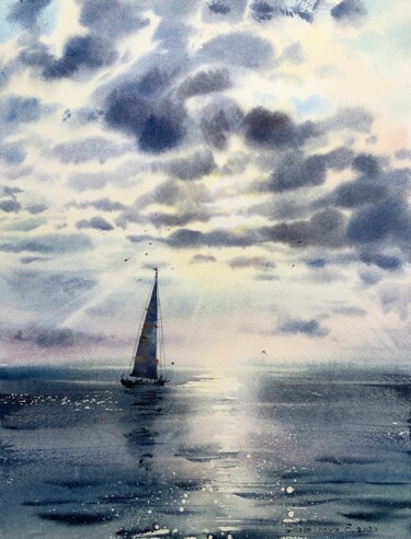 Malerei mit dem Titel "Sailboat and clouds…" von Eugenia Gorbacheva, Original-Kunstwerk, Aquarell