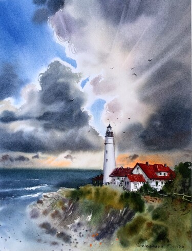 Painting titled "Lighthouse and Clou…" by Eugenia Gorbacheva, Original Artwork, Watercolor