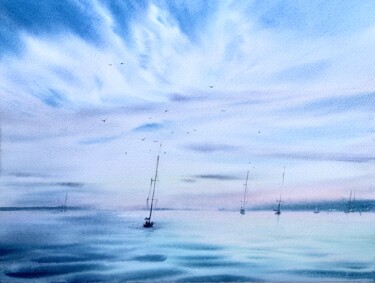 Painting titled "Yachts at anchor #6" by Eugenia Gorbacheva, Original Artwork, Watercolor
