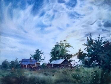 Painting titled "Morning on the Farm" by Eugenia Gorbacheva, Original Artwork, Watercolor