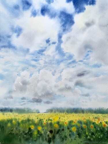 Malarstwo zatytułowany „Sunflower field” autorstwa Eugenia Gorbacheva, Oryginalna praca, Akwarela