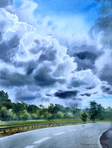 Painting titled "Road and clouds" by Eugenia Gorbacheva, Original Artwork, Watercolor