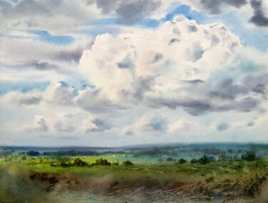 Painting titled "Field and clouds #3" by Eugenia Gorbacheva, Original Artwork, Watercolor