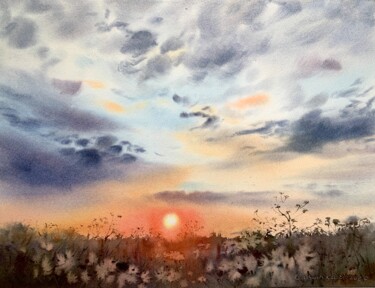 Pittura intitolato "Sunset over the fie…" da Eugenia Gorbacheva, Opera d'arte originale, Acquarello