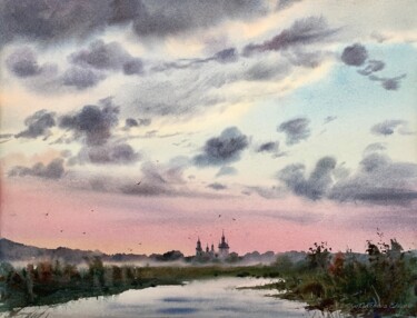 Painting titled "Gothic church and s…" by Eugenia Gorbacheva, Original Artwork, Watercolor