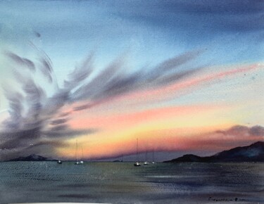 Painting titled "Soft sunset in Bali" by Eugenia Gorbacheva, Original Artwork, Watercolor
