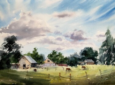 Painting titled "Morning on the Farm…" by Eugenia Gorbacheva, Original Artwork, Watercolor