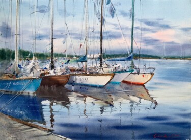 Pintura titulada "Moored yachts at su…" por Eugenia Gorbacheva, Obra de arte original, Acuarela