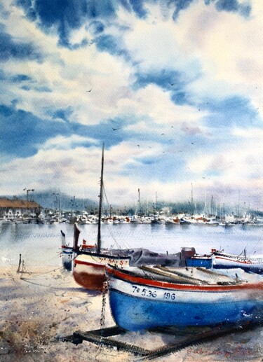 Painting titled "Boats in Palamos, S…" by Eugenia Gorbacheva, Original Artwork, Watercolor