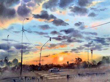 Картина под названием "City sunset" - Eugenia Gorbacheva, Подлинное произведение искусства, Акварель