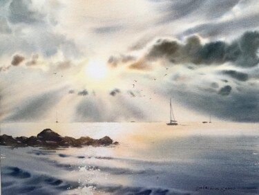 Painting titled "Yacht on the coast" by Eugenia Gorbacheva, Original Artwork, Watercolor