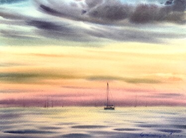 Painting titled "Yacht and pink suns…" by Eugenia Gorbacheva, Original Artwork, Watercolor