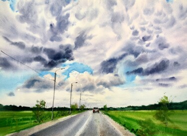 Schilderij getiteld "Road and clouds #2" door Eugenia Gorbacheva, Origineel Kunstwerk, Aquarel