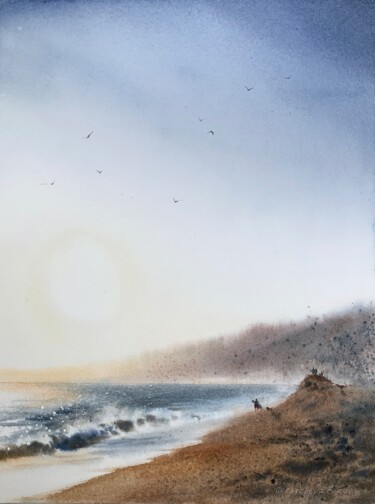 Painting titled "Walking by the sea" by Eugenia Gorbacheva, Original Artwork, Watercolor