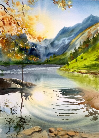 Pintura titulada "Autumn lake in the…" por Eugenia Gorbacheva, Obra de arte original, Acuarela