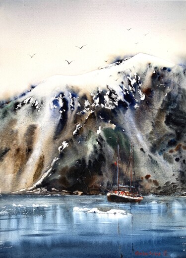 Painting titled "Ship and fjords" by Eugenia Gorbacheva, Original Artwork, Watercolor