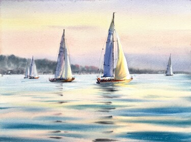Painting titled "Sailing yachts" by Eugenia Gorbacheva, Original Artwork, Watercolor