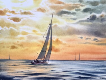 Painting titled "Orange sunset" by Eugenia Gorbacheva, Original Artwork, Watercolor