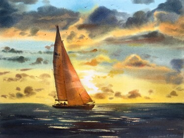 Картина под названием "Orange sunset #2" - Eugenia Gorbacheva, Подлинное произведение искусства, Акварель