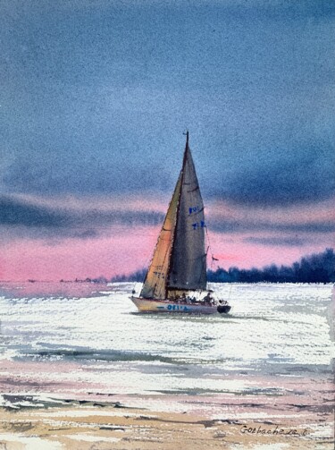 Painting titled "Yacht and pink suns…" by Eugenia Gorbacheva, Original Artwork, Watercolor