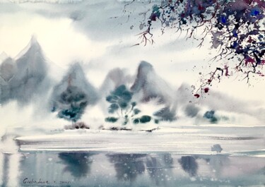 Malarstwo zatytułowany „Asian winter landsc…” autorstwa Eugenia Gorbacheva, Oryginalna praca, Akwarela