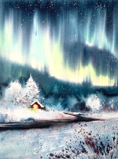 Pintura intitulada "Aurora borealis #6" por Eugenia Gorbacheva, Obras de arte originais, Aquarela