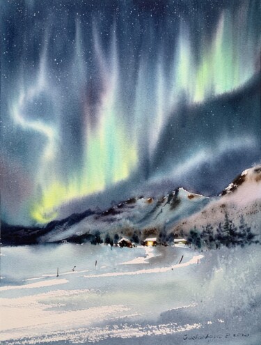 Pintura intitulada "Aurora borealis #7" por Eugenia Gorbacheva, Obras de arte originais, Aquarela