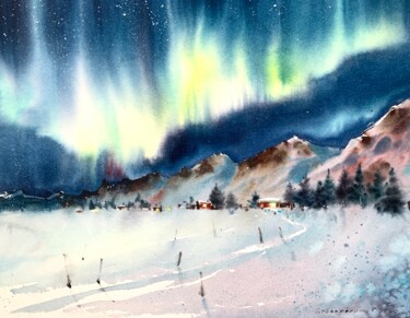 Painting titled "Aurora borealis #8" by Eugenia Gorbacheva, Original Artwork, Watercolor
