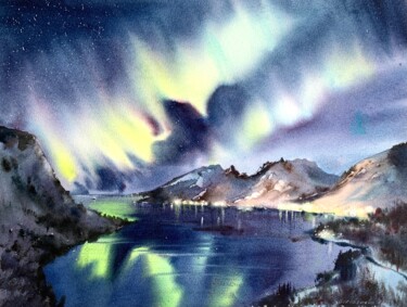 Pittura intitolato "Aurora borealis #9" da Eugenia Gorbacheva, Opera d'arte originale, Acquarello