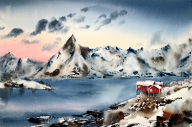 Painting titled "Red house in the fj…" by Eugenia Gorbacheva, Original Artwork, Watercolor