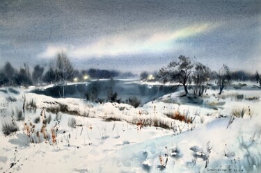 Картина под названием "Snow field and ligh…" - Eugenia Gorbacheva, Подлинное произведение искусства, Акварель