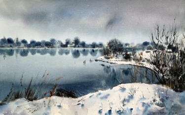 Painting titled "Frozen river" by Eugenia Gorbacheva, Original Artwork, Watercolor